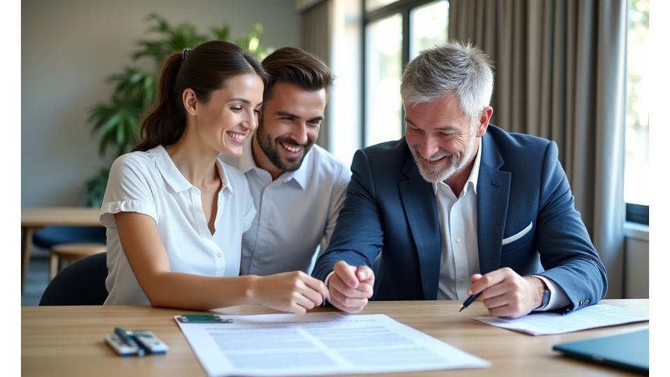 Couple reviewing apartment buying documents with a real estate agent