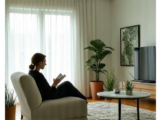 Person relaxing in a clean, modern apartment living room