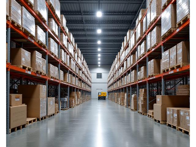 Large, modern warehouse interior with high ceilings and rows of shelving, indicating efficient logistics