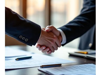 Handshake over financial documents and blueprints, symbolizing structured financing