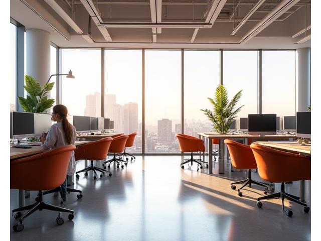 Bright, modern office interior with collaborative workspaces and city views, representing premium office solutions