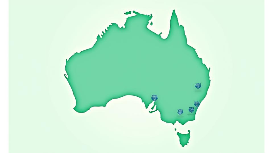 Illustration of a simplified map showing Australian cities with office icons, representing Premier Real Estate's presence without specific street details.