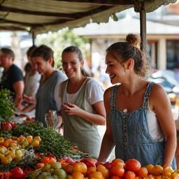 Group of friendly neighbours chatting at a local market in a rural Australian town