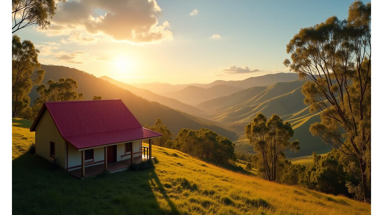 Charming Australian cottage with a sweeping view of a picturesque valley at sunrise, inviting serene lifestyle