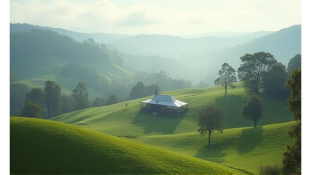 Rolling green hills and misty valleys of the Australian hinterland with a charming farmhouse in the distance