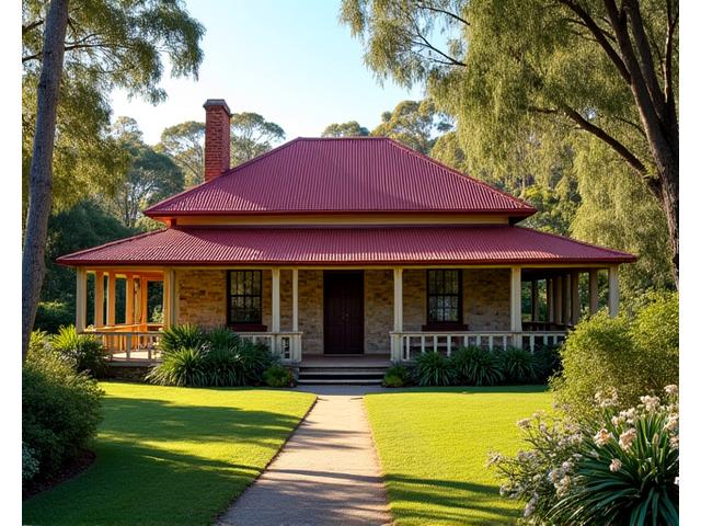 Historic stone cottage nestled amongst lush Australian bushland, with a red corrugated iron roof and a blooming garden