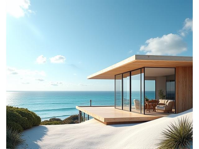 Sleek, modern coastal cottage with large windows overlooking a pristine Australian beach, contemporary design