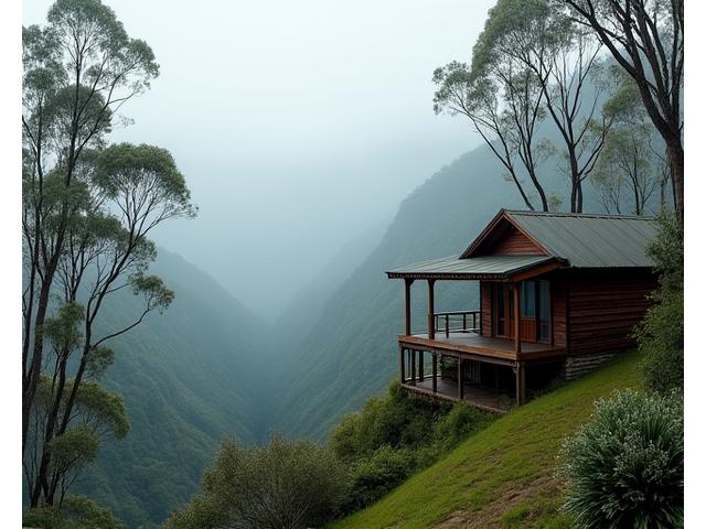 Secluded mountain cottage with a verandah overlooking a misty valley in the Blue Mountains, Australia