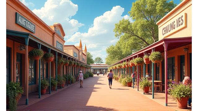 Charming main street of a small, vibrant rural Australian township with local shops and cafes