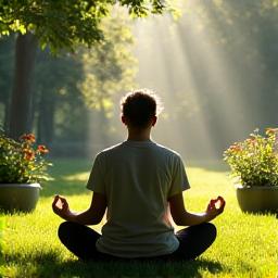Person meditating peacefully in a lush green garden of a rural property