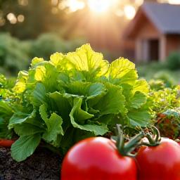 Organic vegetable garden flourishing on a rural property with a small chicken coop in the background