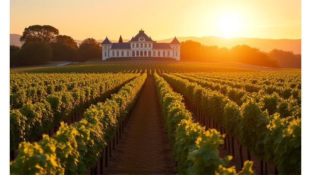 Vineyard rows stretching towards a distant winery building under a clear Australian sky, warm light