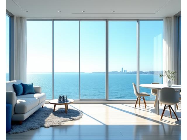 Modern apartment interior with ocean view